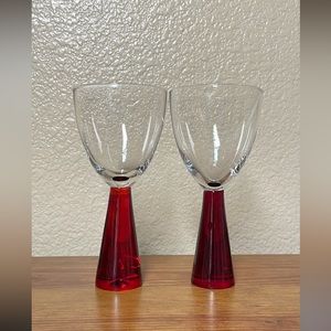 Set of 2 Ruby Red Honeycomb Stem wine glasses. Hand Blown